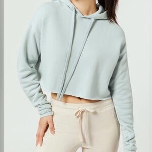 ALO Yoga Cropped Raw Edge Hoodie Light Blue Size Small